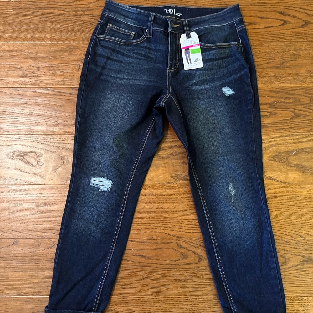 Time and Tru Dark Blue Distressed Ankle Jeans